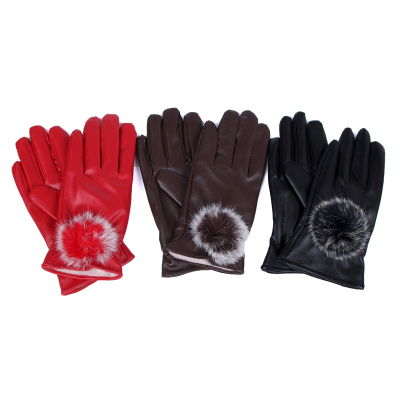 Winter PU leather gloves women's hair ball decoration gloves full-finger riding thickened gloves