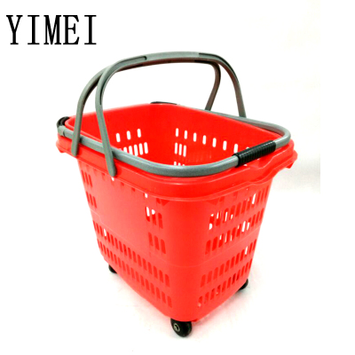 Supermarket plastic shopping basket portable with roller wheel and pull rod