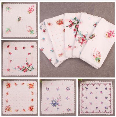 Women 100 cotton 28cm Floral printing handkerchiefs( 10pieces in one poly bag)n one poly bag)