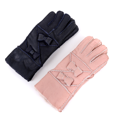 Women's fur and leather double bowknots full-finger gloves