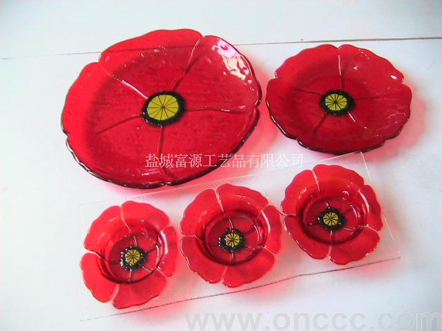 大红花彩色玻璃盘