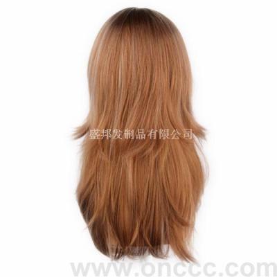Yellow and brown long hair wig with chemical fiber head set