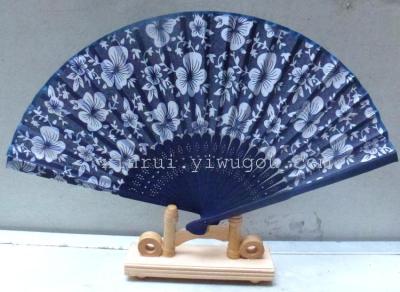 Factory direct selling orchid cloth fan blue printed fan silk fan fan fan summer cooling essential.