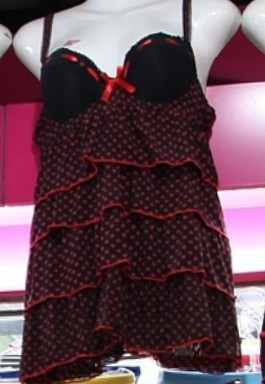 A four-tier dress with crimson halter tops for ladies