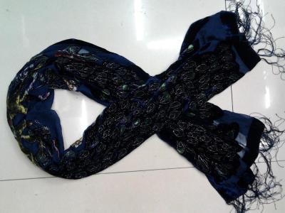 Blue Peacock Silk burnt-out black velvet long scarf 160X50