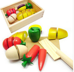 Small wooden boxes of simulated fruit and vegetables watched every kitchen wooden food children educational toys