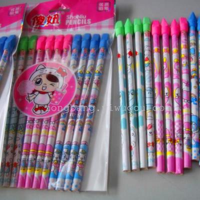 Benbeier with Colorful Head Rubber Sleeve Film Student Writing HB Cartoon Pencil