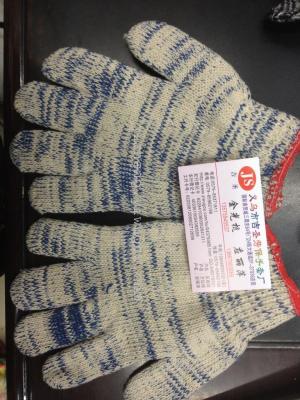 A pair of blue and white cotton gloves of A blue yarn.