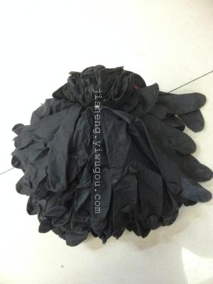 Disposable 9-inch black latex gloves.