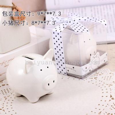 Ceramic Mini-Piggy Bank in Gift Box with Polka-Dot Bow Wedding table gifts and party giveaways