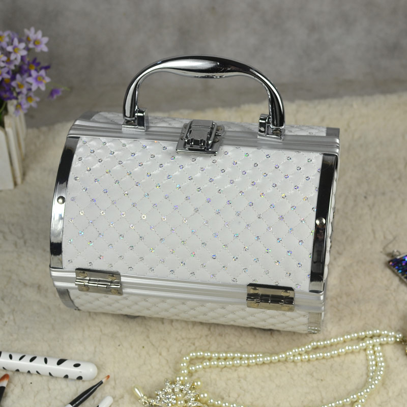 冠宇 韩版新款圆筒专业化妆箱 旅行多功能铝制收纳珠宝首饰盒