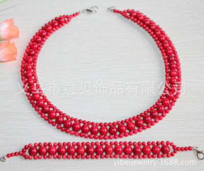 [Yibei Coral] Natural coral bead hand woven Necklace Bracelet suite Red Coral Bead Necklace