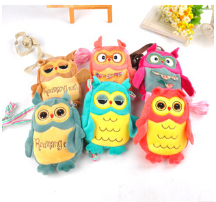 Double Pull Cartoon Owl Coin Purse Long Shoelace Mobile Phone Bag Children Messenger Bags Plush Fabric Shoulder Bag Wholesale