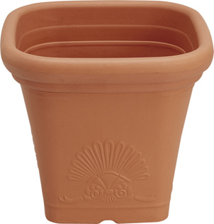 A series of square plastic flowerpots of all sizes