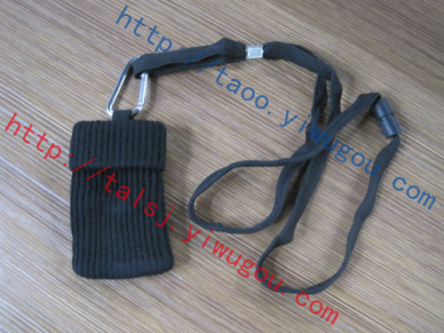 Black Cotton Thickened Knitting Mobile Phone Bag with Lanyard Sturdy Climbing Button Carabiner Mobile Phone Bag