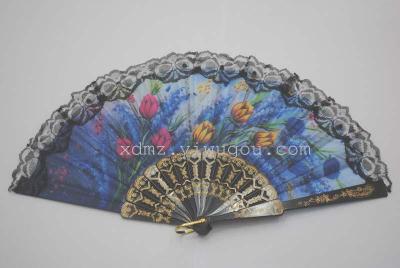 Factory direct wholesale ladies fan burst hot Black Lace flower plastic folding fan manufacturers