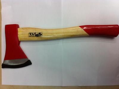 The axe has a plastic handle. The axe has a wooden handle