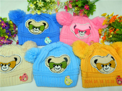 Hat the new 2014 han edition children cartoon bear head baby hat double ball knitted turtleneck cap 
