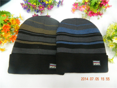 Korean version of autumn and winter fashion color striped knit hat men's hats fashion double layer padded ski Hat Cap