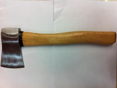 The axe has a plastic handle. The axe has a wooden handle