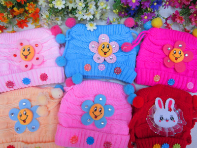 Hat new winter children cartoon the sun god knitted cap button sets baby hat 