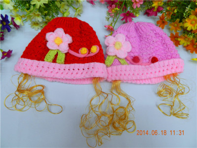 hat 2014 new han edition children hat beautiful floret baby hat with a wig sets baby hand hook knitted cap 