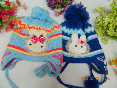Foreign trade original children's hats colored striped rabbit outdoor hats knitted hats baby caps earmuffs hats
