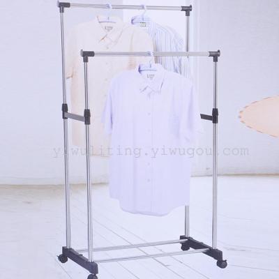 Liting Stainless Steel Double Bar Clothes Hanger Folding Thickening Horizontal Bar Stretchable Clothes Airing Rack Simple Hanger