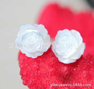 [YiBei Coral]Natural Coral Bay shell earrings 12mmMOP Rose Earrings 925 Silver Earrings