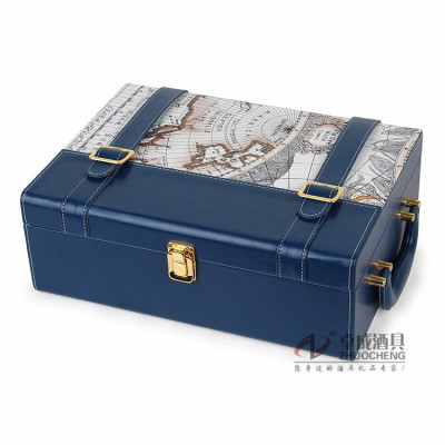 Premium red wine box wine packaging gift boxes-map leather buckle blue double cartridge-ZC-P2536
