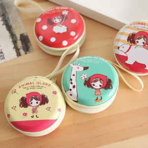 Japan Korea mini portable key headset creative cute cartoon girl Tin round coin purse Q