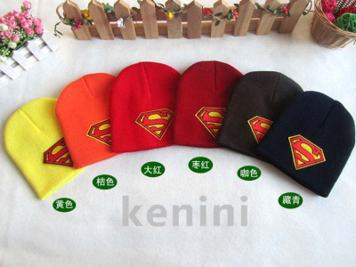 The New fashion children 's baby seen superman fabric label of autumn and winter hats children' s knitted head trend