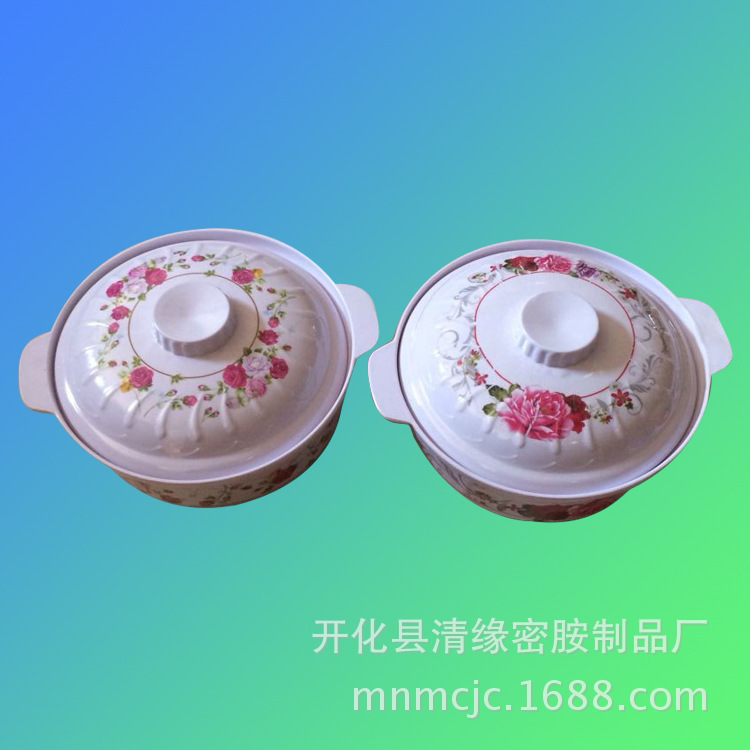 供应中式经典10寸带耳盖碗汤碗 高档实用美耐皿碗盘餐具批发