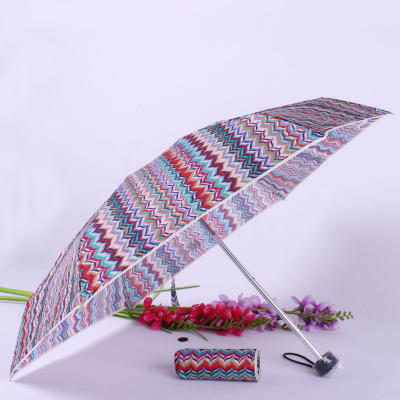 Five-Fold Umbrella Mini Umbrella Striped Wave Printing Umbrella Ultra Light Ultra Short Bag Umbrella Female Heat Transfer Printing Flower