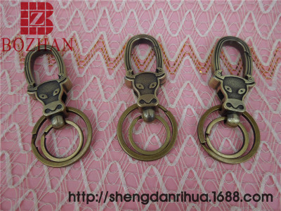 Bronze bull head double ring hook key chain