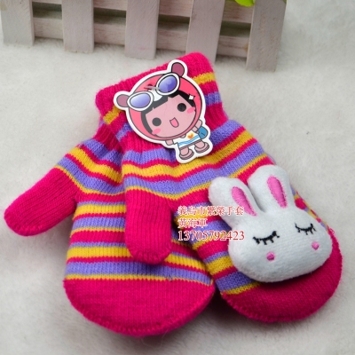The double gloves cartoon children bag Korean thickened gloves rabbit stripe thickened gloves