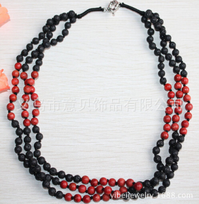 [YiBei Coral] Natural coral coral bead necklace volcano stone three in one foreign hot money