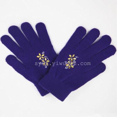 Rhinestone warm Korean version of autumn and winter new woolen in finger protection of five finger gloves