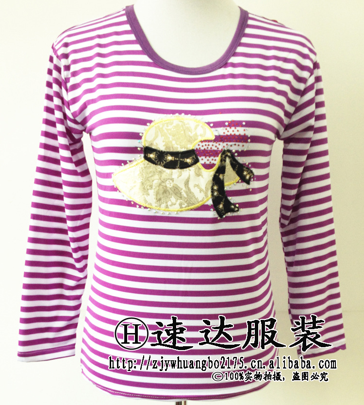 地摊爆款条纹妈妈装长袖圆领 中老年条纹t恤衫妈妈装批发