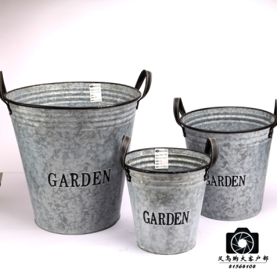 American country iron art primary color environmental protection sets three leather handle flower bucket plants pot