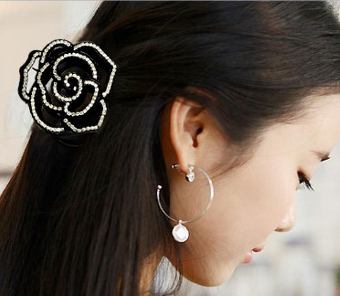 韩版流行玫瑰花镶水钻新娘盘发爪夹发饰头饰品地摊