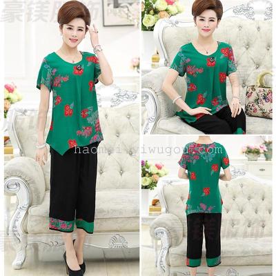 Middle-aged and old ladies summer dress suits my mother packed summer cotton plus size short sleeve t-shirt