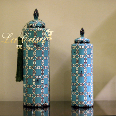 American hand-painted blue geometric figure ceramic storage storage tank decoration ornament trumpet