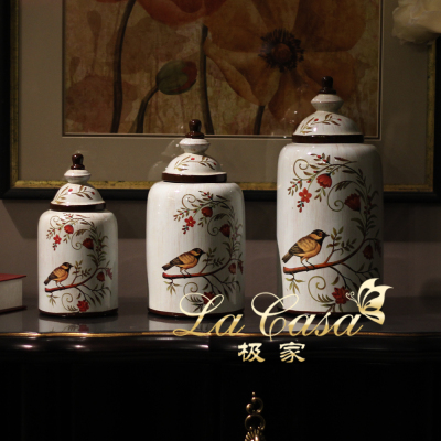 American country grey flowers hand-painted ceramic storage jar craft decoration ornament medium
