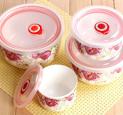 厂家直销陶瓷带盖三件套保鲜碗 储物罐 精品店批发