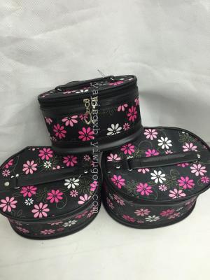 2015 New Round Barrel Printing Fashionable Cosmetic Bag 3-Piece Storage Bag Cosmetic Bag Satin