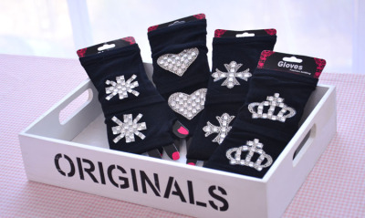 Korean Style Short Gloves Women's Winter Handmade Half Finger Warm Wool Open Finger Rhinestone Gloves