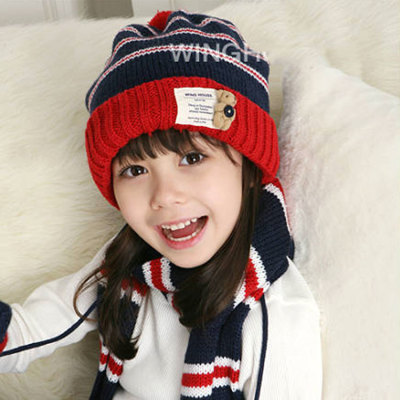 Joint winter scarf Hat bear children two sets of Korea stripe baby wool hat