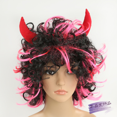 Fashion Halloween party performing props wigs women's Red horns short curly hair