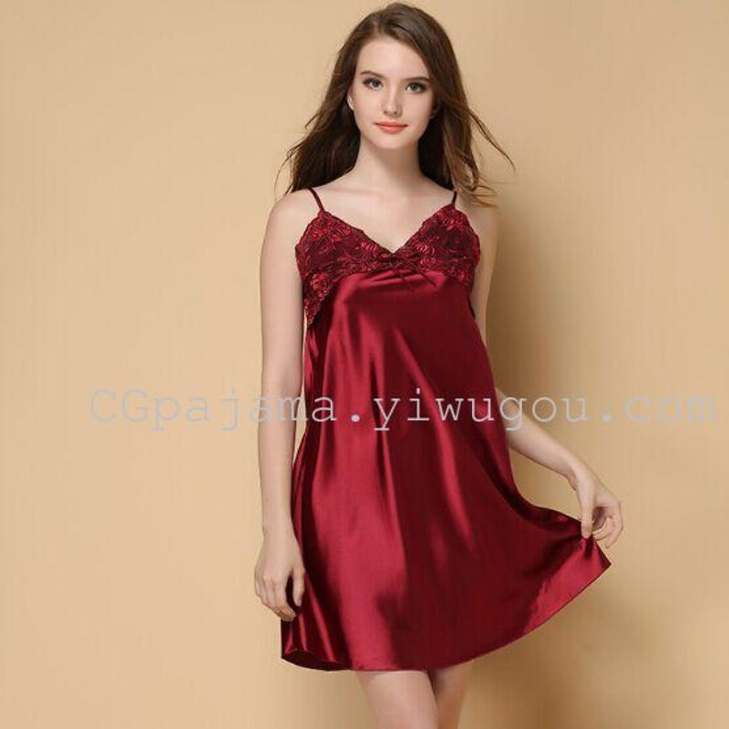 春夏季薄款女士性感蕾丝吊带仿真丝外贸欧美睡裙睡衣